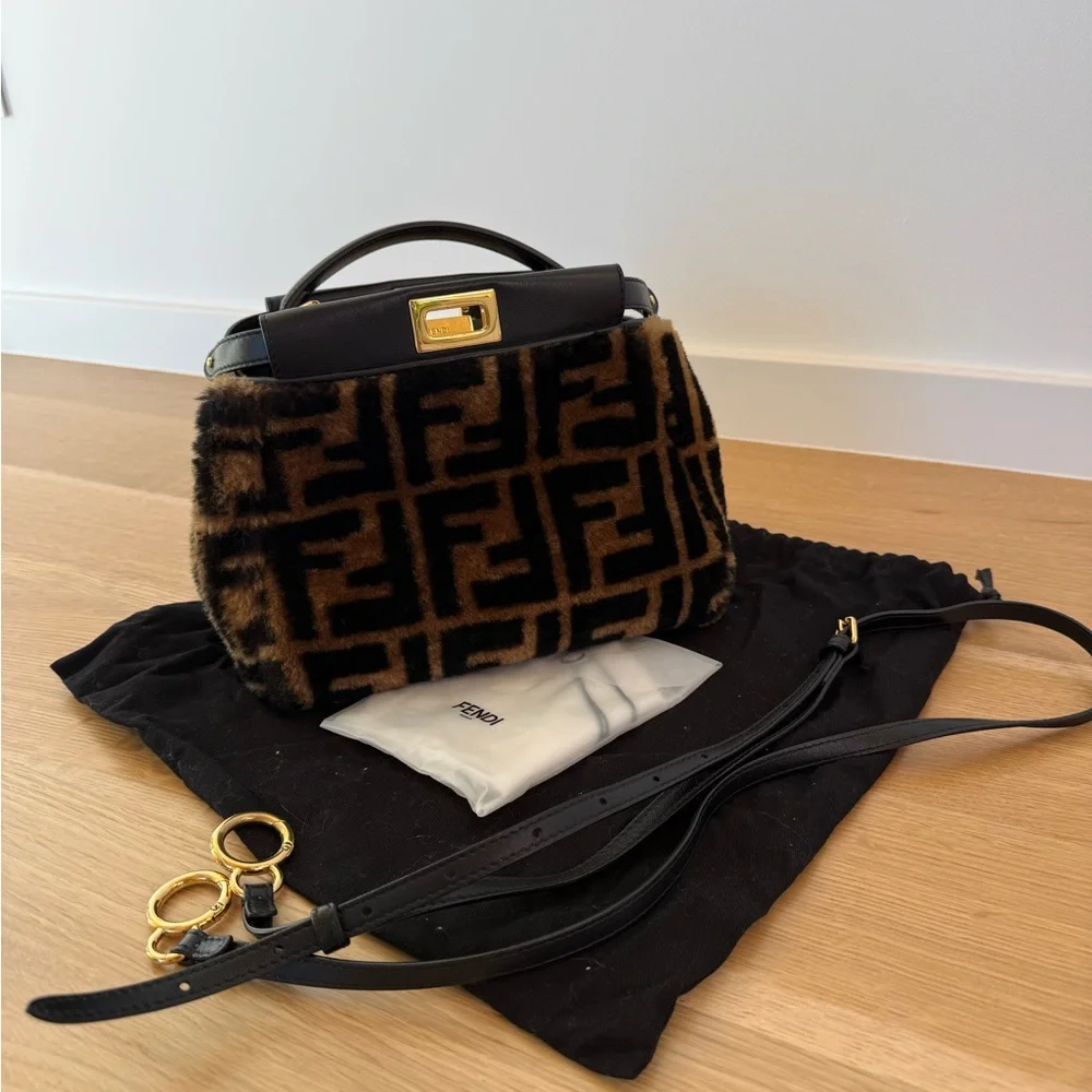 Fendi Brown & Black Faux Fur Mini Peekaboo Bag with Gold Hardware - Picture 7 of 8